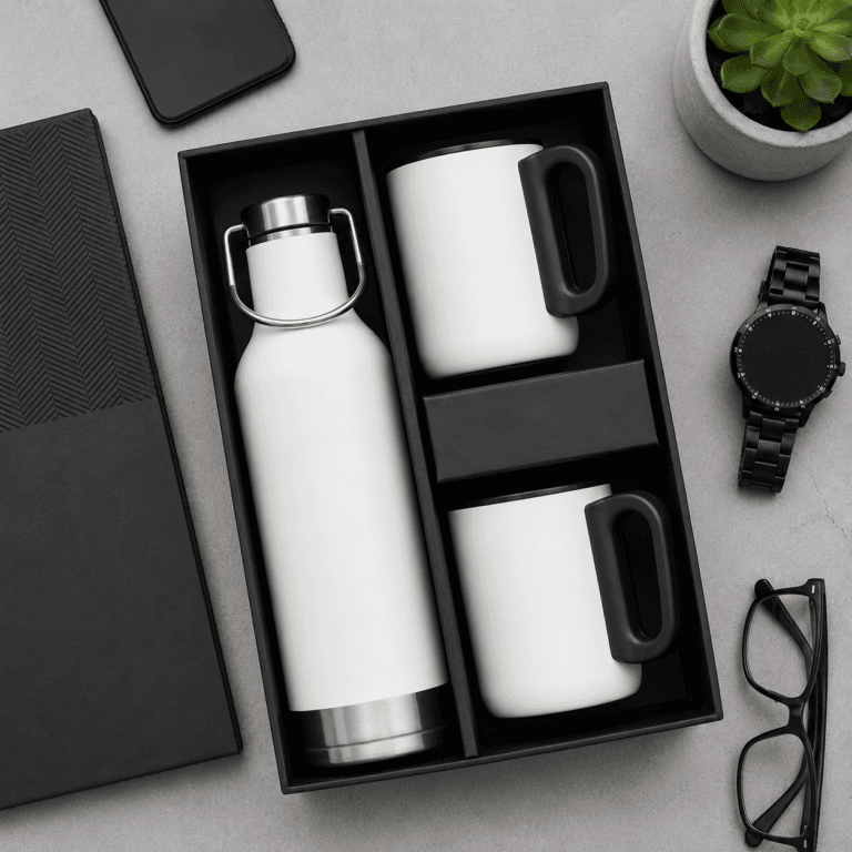 Premium White Combo Gift Set with Bottle and Two Cups
