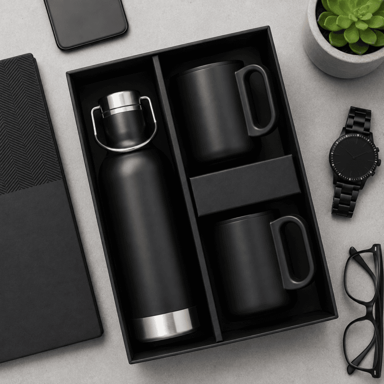 Premium Black Combo Gift Set with Bottle and Two Cups